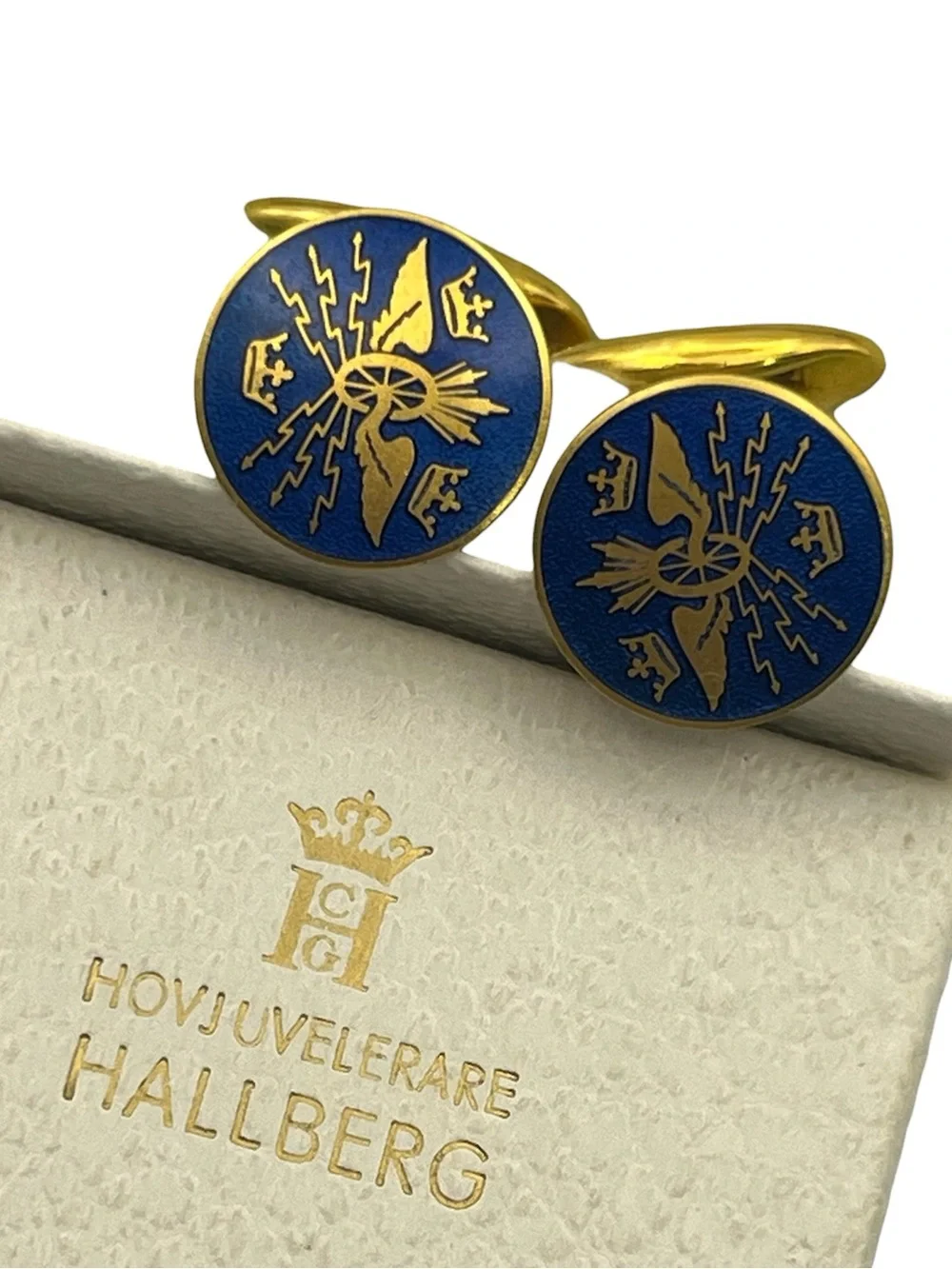 Sporrong Co Blue Enamel Swedish Emblem Cuff Links Cufflinks Crown gold tone